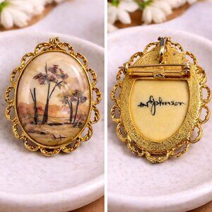 Vintage Hand-Painted Scenic Oval Pin Brooch Gold-Tone Frame Signed M. Johnson